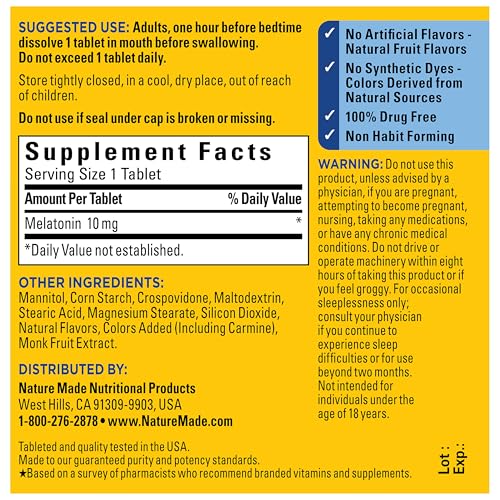Nature Made Melatonin 10mg Fast Dissolve, Maximum Strength, 45 Tablets | Nighttime Sleep Aid for Adults, Sleep Support Supplement for Men & Women, 100% Drug-Free, Mixed Berry Flavor, 45 Day Supply - image 6