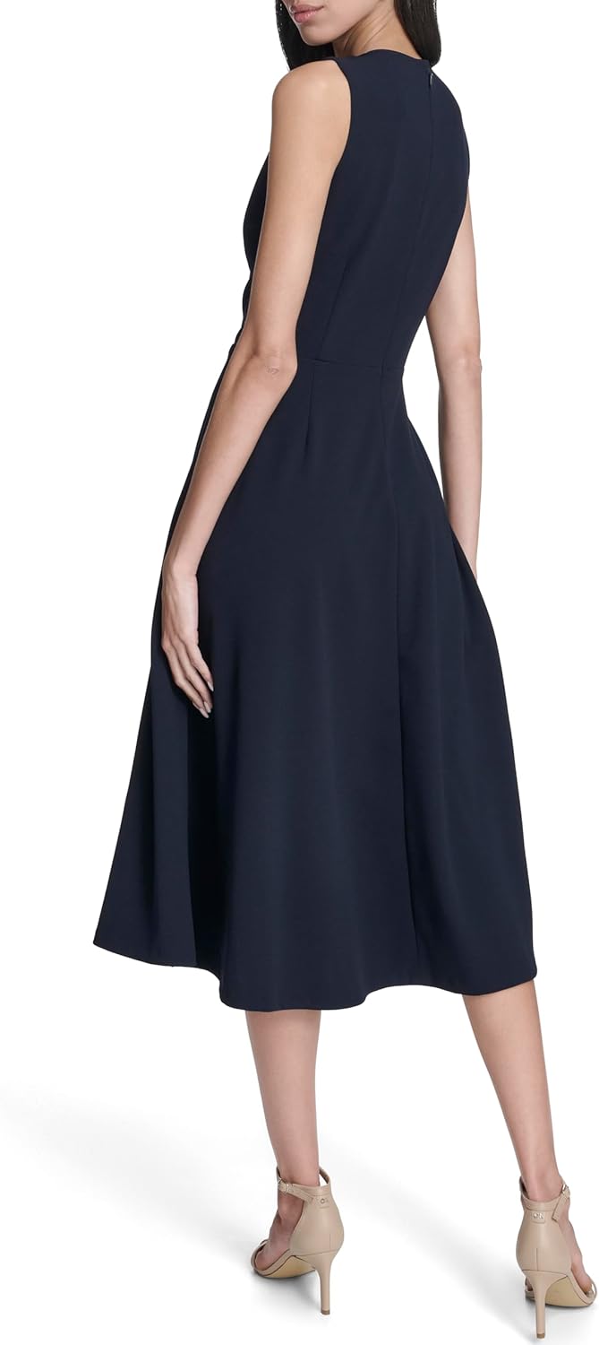 Calvin Klein Womens Sleeveless Pleat Neck Crepe A-line Midi Dress - Image 2