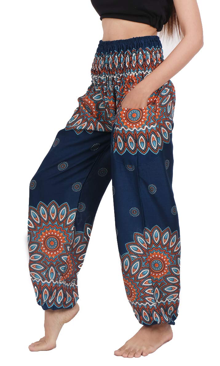 Banjamath® Women's Smocked Waist Harem Hippie Boho Yoga Palazzo Casual Pants, Floral Blue, Large