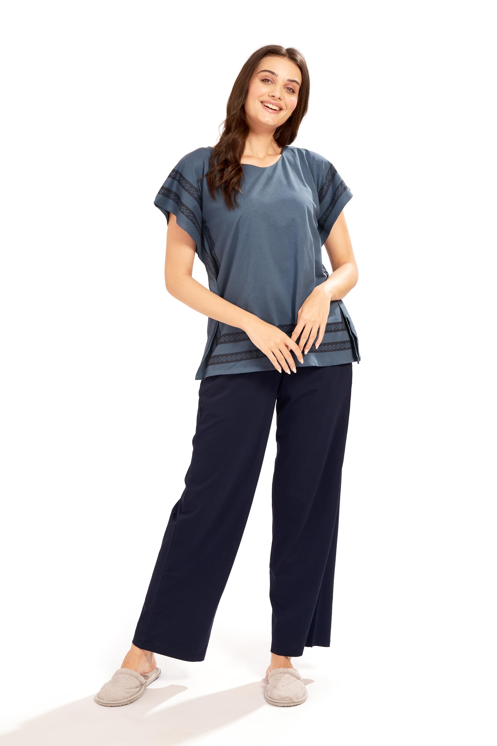 Women Cotton Knit Kaftan Top & Pajama Nighsuit Set Grey -4091-image-43