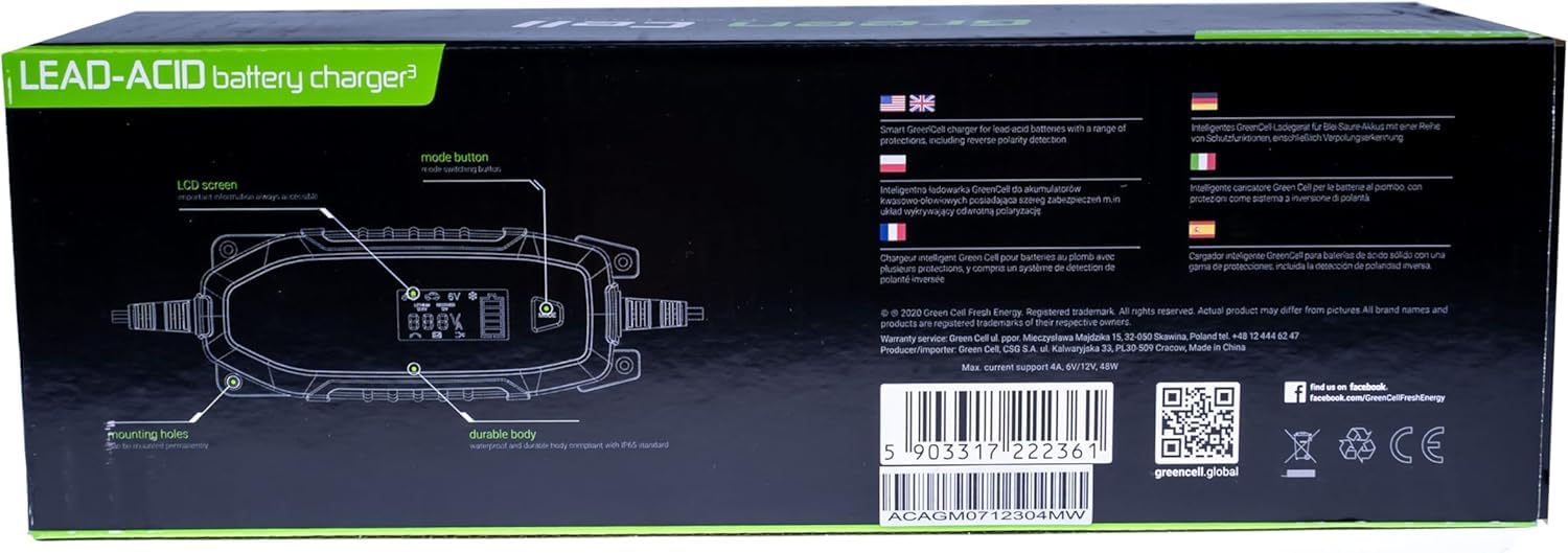 Green Cell® Caricabatterie Intelligente 6V/12V 4A (SLA, AGM, Gel, EFB, Wet, LiFePO4) completamente automatico con modalità di ricondizionamento del test della batteria per auto moto camion Camper