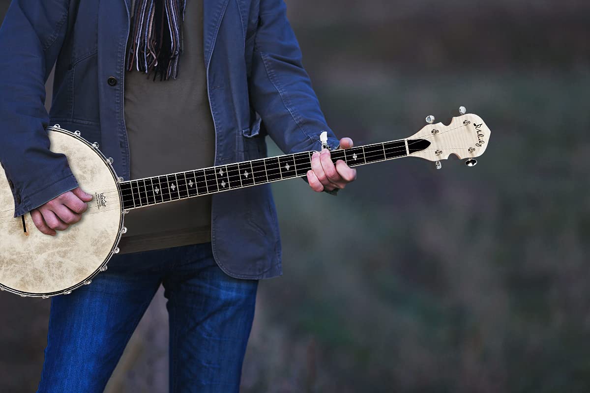 Mulucky Banjo a 5 corde, formato standard con 24 staffe, schiena aperta, banjo in acero con testa Remo, 5° accordatore con ingranaggio, confezione regalo con kit per principianti - B1102