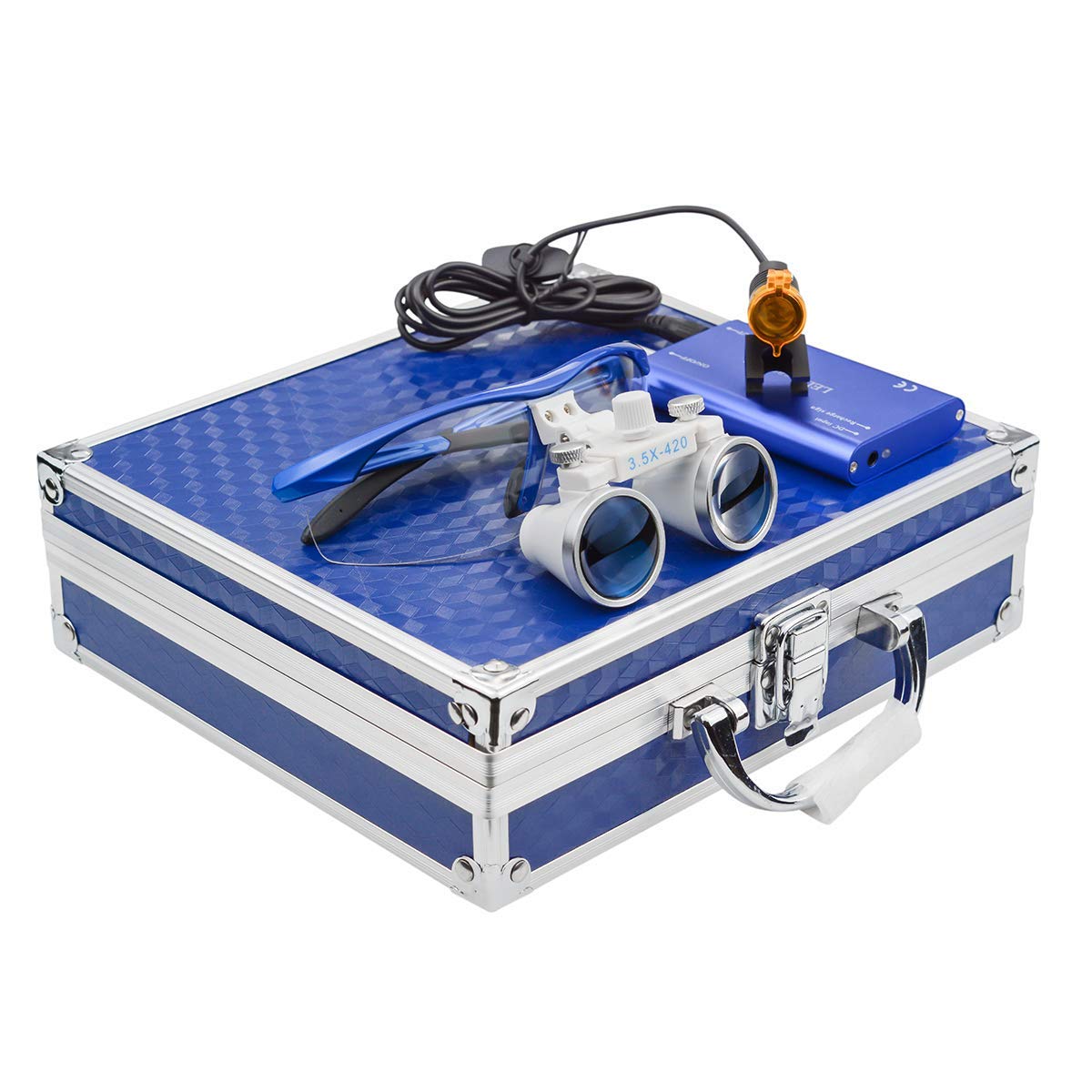 BONEW 3,5 x Dental-Fernglaslupe + 3 W LED-Scheinwerfer mit Filter + Aluminiumbox, Blau