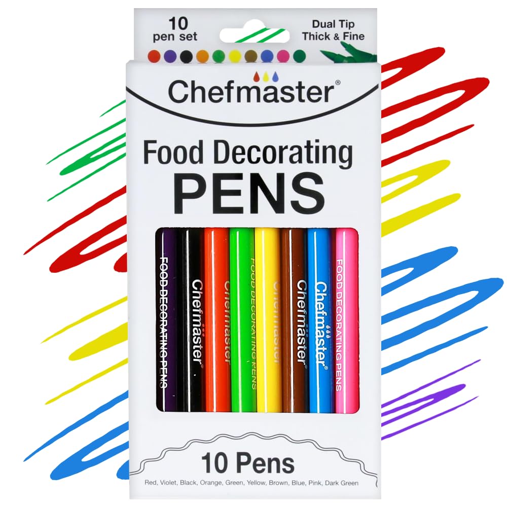 Chefmaster - Food Decorating Pens - Edible Markers - 10 Pack - Dual-Tipped Pens, Fade-Resistant Color, Easily Decorate Desserts - Made in the USA