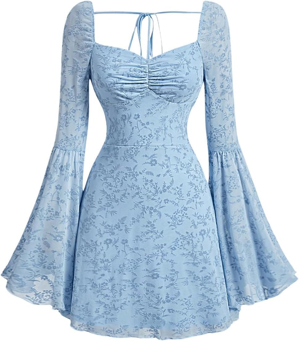 WDIRARA Women's Floral Jacquard Mesh Gothic Dress Bell Long Sleeve A Line Vintage Dresses