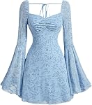 WDIRARA Women's Floral Print Mesh Gothic Dress Square Neck Bell Sleeve A Line Vintage Dresses