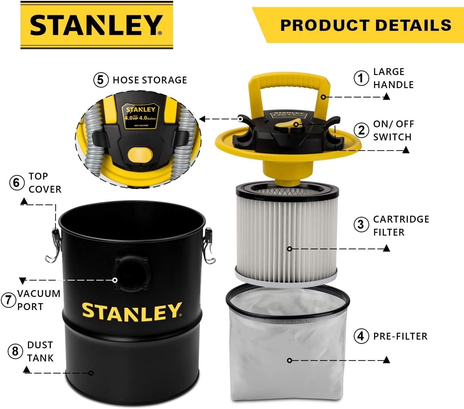 STANLEY 4 Gallon Ash Vacuum Cleaner with 4 HP Powerful Motor Suction, Stainless Steel Shop Vacuum Wet and Dry Portable Ash Canister for Pellet Grill, Wood Stoves, BBQ Grills, Fireplaces & Fire Pits