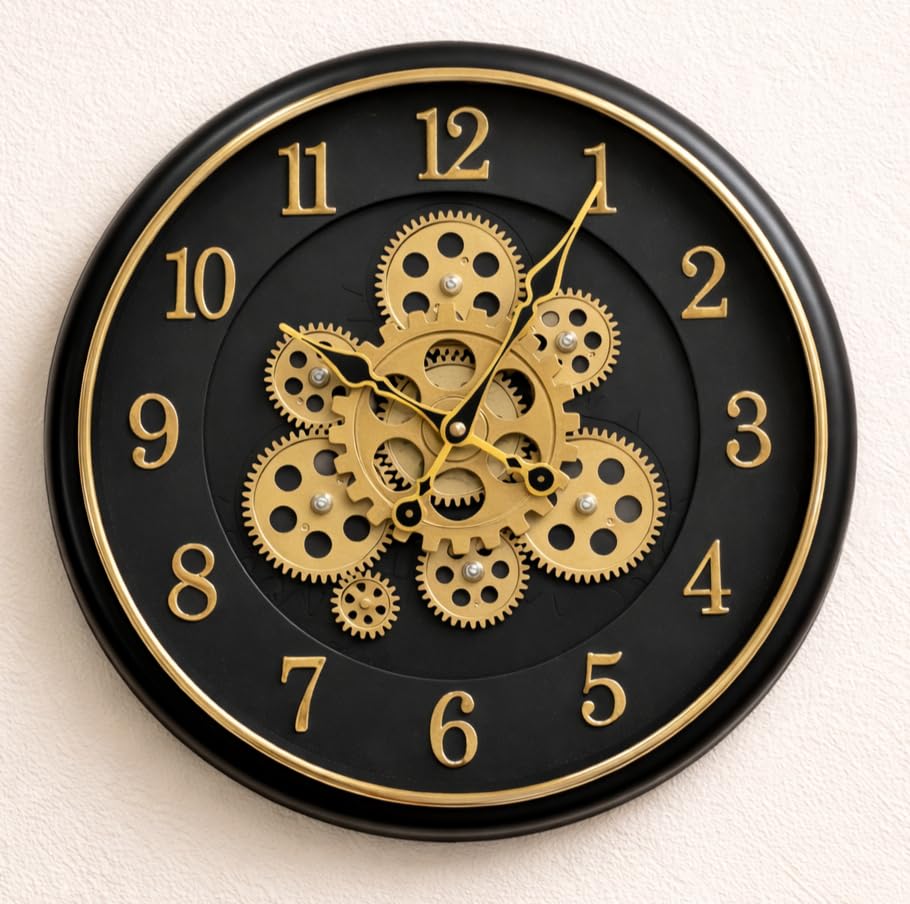 Image of Large Size 35 cms Rotating Moving Gears Wall Clock Industrial Steampunk Real Moving Gear Designer Wall Clock for Living Room Home Decor Office Wooden Look Plastic Round 14 Inch (Black Golden)