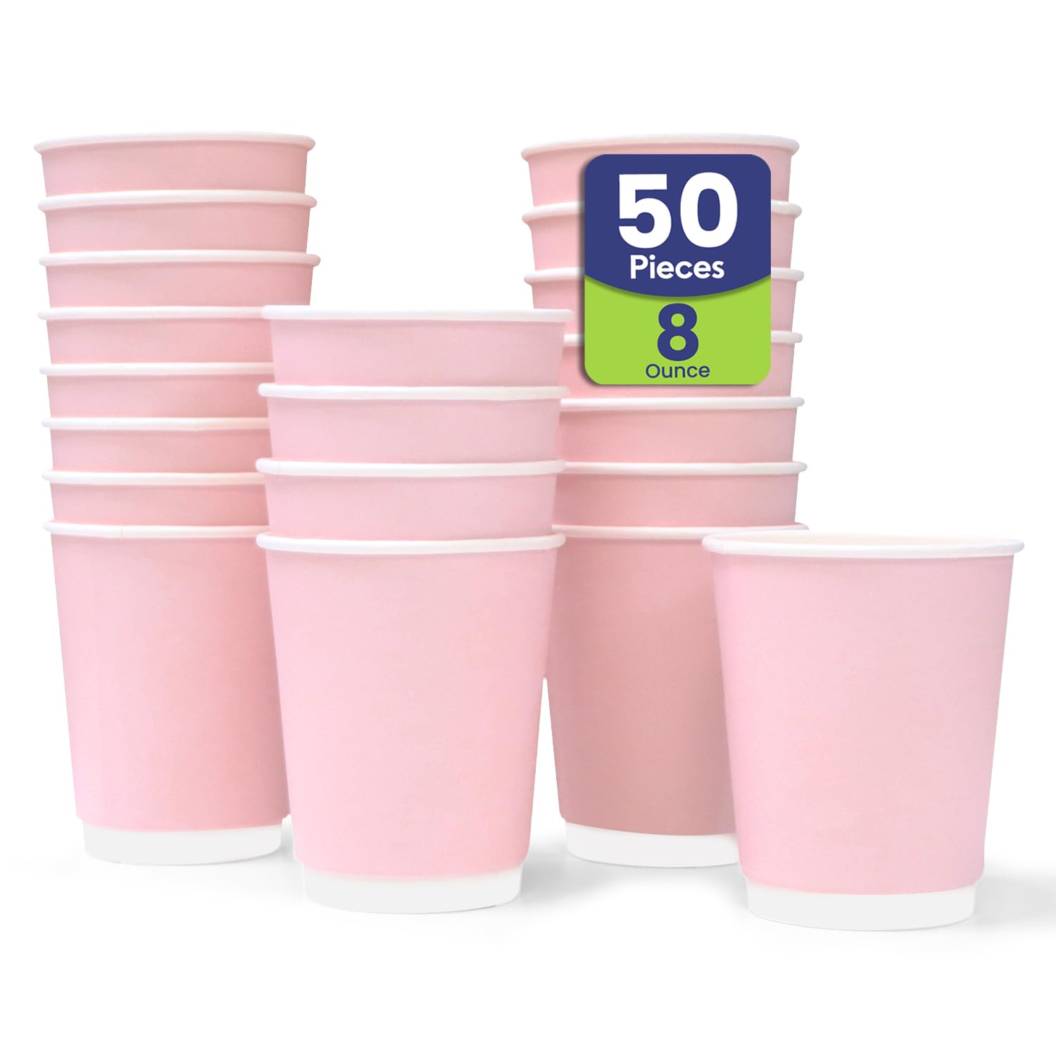 SNH Packing Disposable Double Wall Paper Coffee Cups 50-Pack, 8 oz Capacity, Pink