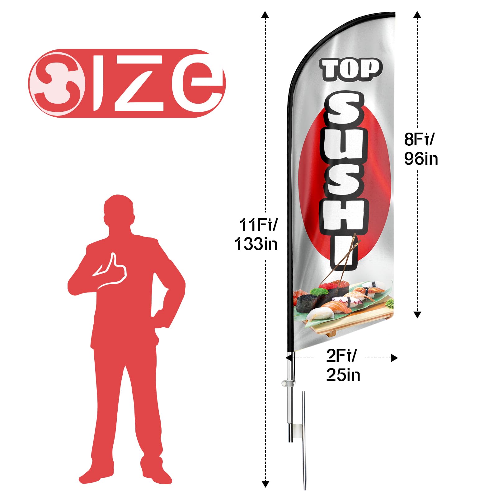 Bandiera con piume di sushi, 340 cm, striscione pubblicitario con kit di pali e picchetto, tessuto in poliestere e asta in alluminio, per ristorante di sushi, negozio di alimentari giapponesi