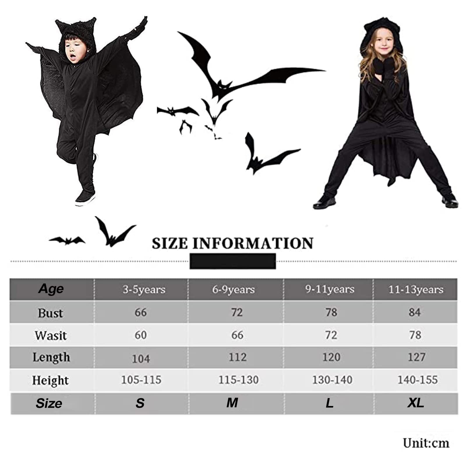KEEPAA Costume da pipistrello di carnevale per bambini, mantello da pipistrello con mantello e guanti, costume da pipistrello costumi di carnevale da vampiro per 3-13 ragazze e ragazzi