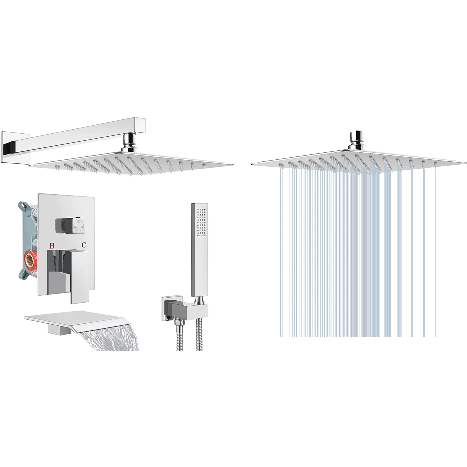 Hcfyauis Rainfall 12 Inch Shower System Polished Chrome Tub Shower Faucet Set Matching With Polished Chrome 12 Inch Square Rain Shower Head Stainless Steel