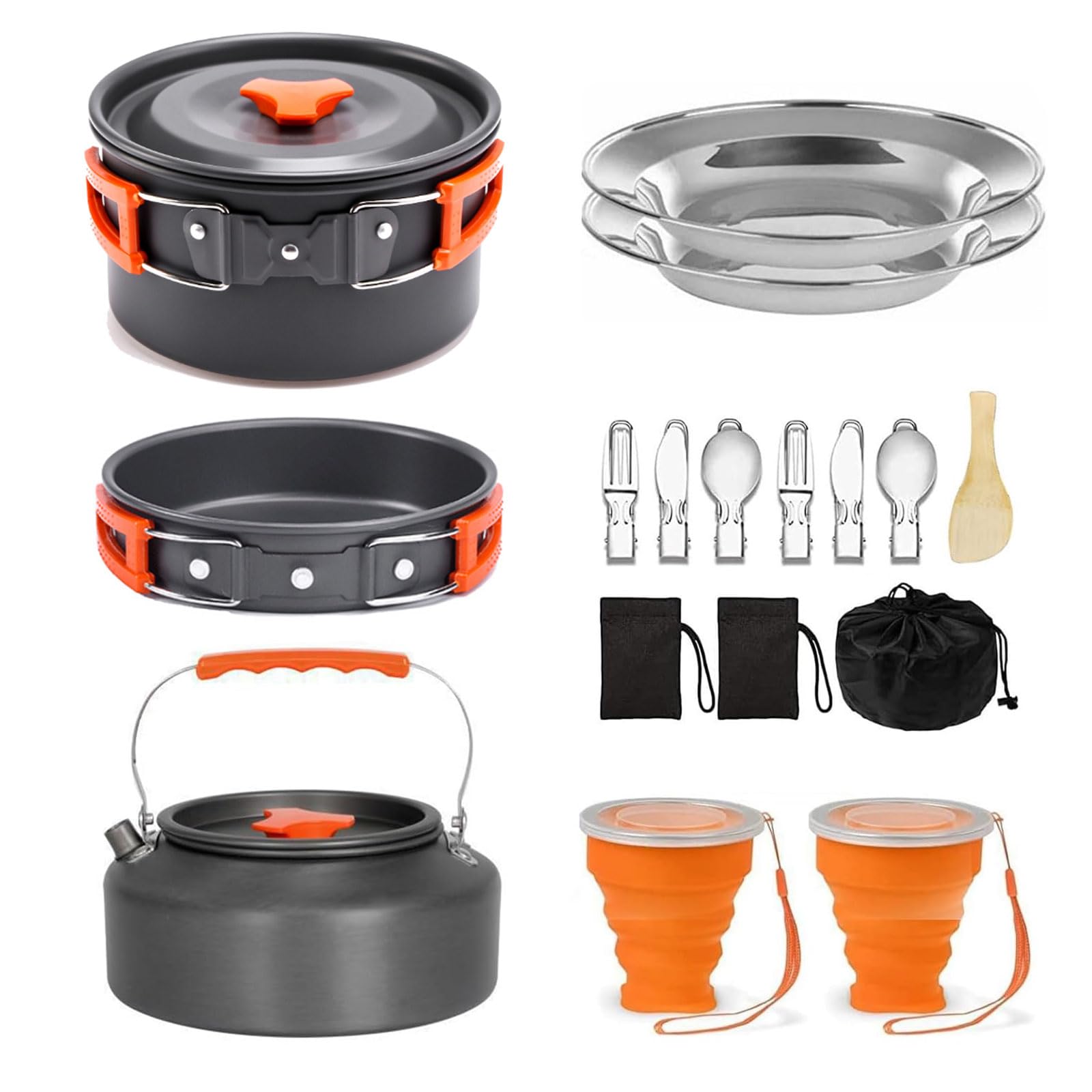 Kit de utensilios de cocina para camping, juegos de cocina portátiles con hervidor, ollas al aire libre, sartenes, tenedor, cuchara, kits para viajes al aire libre, senderismo, mochileros, aventuras