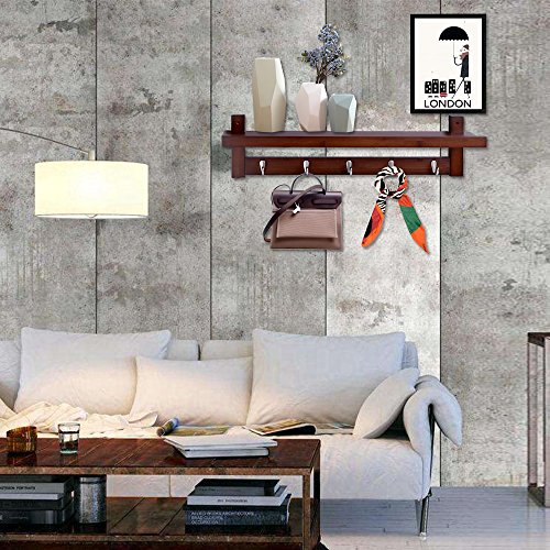 Wooden Hooks for Wall Coat Rack Shelf, Wall-Mounted Bamboo Hook Rack with Upper Shelf for Storage Scandinavian Style for Hallway Bathroom Living Room Bedroom (5 Hooks Brown) - Thumbnail 4