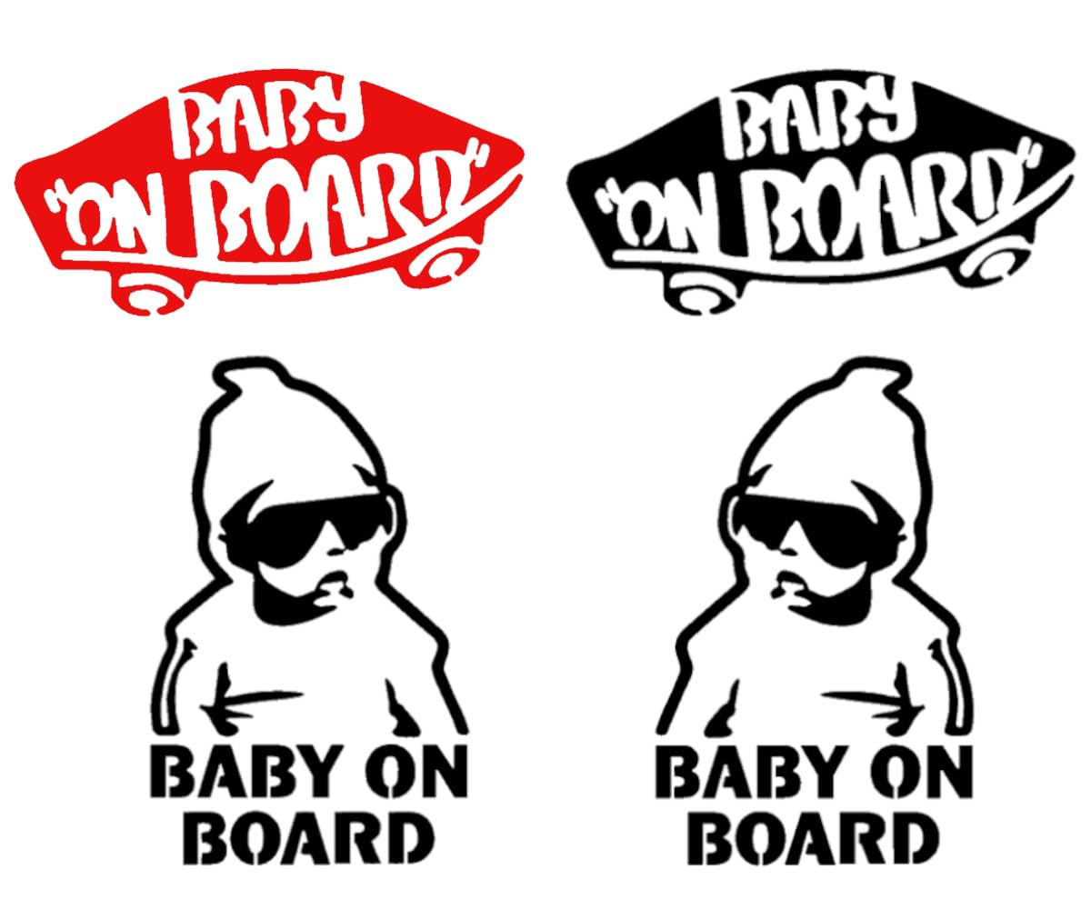 Baby On Board Decal 4 Pack: Baby On Board Skateboard, Baby On Board Sunglasses - Mirrored, Baby Carlos Baby On Board Decals (Black + Red, Small ~4")