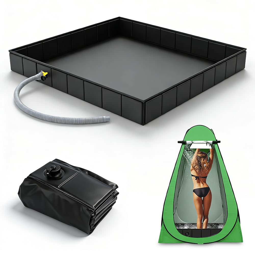 Base de Douche Pliable, 2 en 1 Receveur de Douche Portable Avec 1 Mètre Tuyau de Vidange, Base de Douche de Camping pour Laver Les Animaux, Le Camping et Les Voyages (104 x 104 x 13 cm)