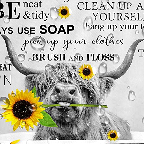 Funny Highland Cow Bathroom Rules Shower Curtain For Bathroom Kids Decor, Western Rustic Farmhouse Longhorn Bull Sunflowers And Bubbles In Bathtub Gray Shower Curtain Set Bathroom Accessories 70X70 #TOP4