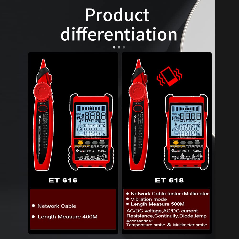 TOOLTOP ET618 Handheld Portable Cable Tester with LCD Display Analogs Digital Search POE Test Cable Pairing Sensitivity Adjustable Network Cable Length Short Open Circuit Measure Trackers