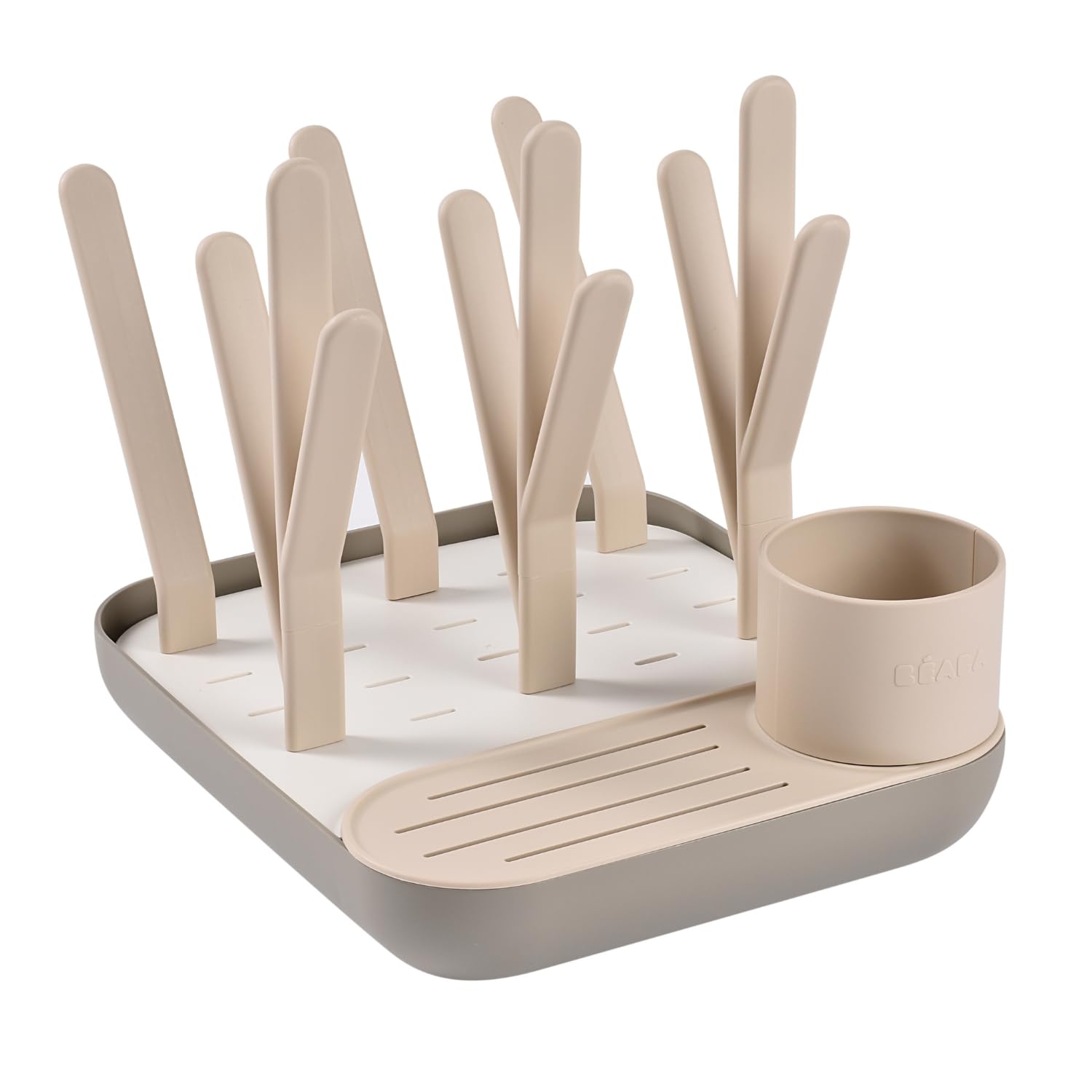 BÉABA Scolabiberon e Asciugabiberon – Grande Capacità, Modulabile, Fino a 6 Biberon e Piatti Bambino, Contenitore Accessori, Drenaggio Ottimizzato, Facile da Riporre, Compatto e Pratico – Argilla