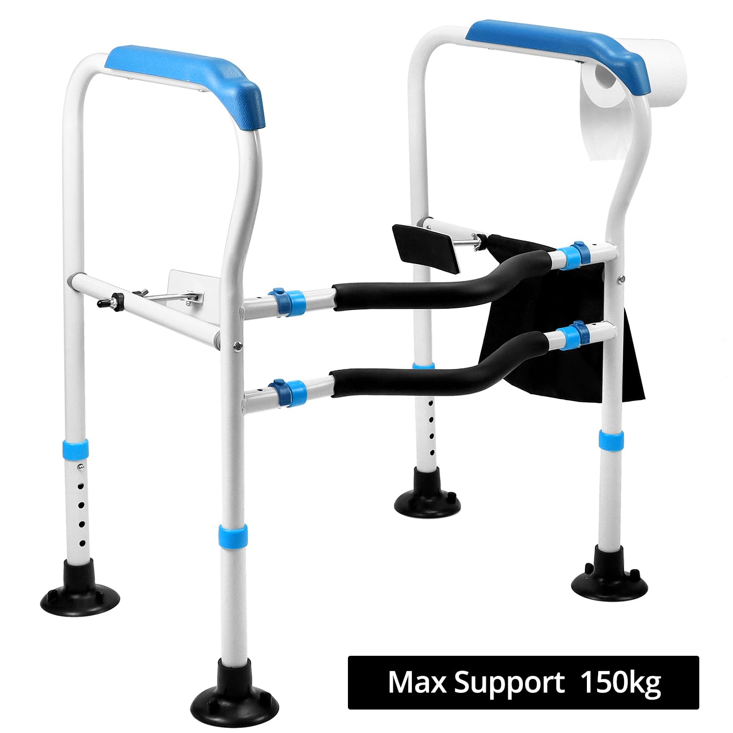 QWORK® Ausilio per il sollevamento della toilette - Maniglione ergonomico, Altezza regolabili (64-74cm) e larghezza regolabili, Piedini a ventosa rinforzati