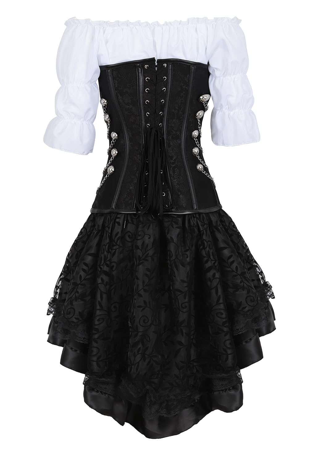 Jutrisujo Steampunk Corsage Corsagenkleid korsett Kleid 3 Teiliges Set piraten Kostüm mit Corset Dress Spitzenrock und Bluse für Halloween Schwarz 6XL