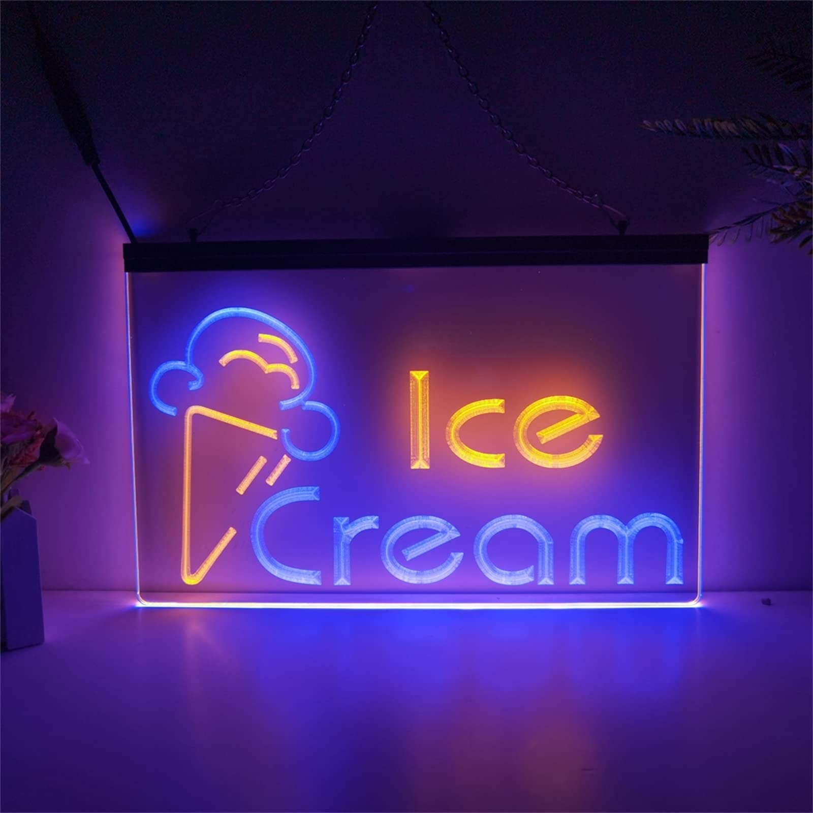 REWIS Ice Cream LED Neon Signs, USB Powerd 3-Level Dimming Neon Lights, for Ice Cream Shop Hanging Signboard,Blue Yellow,40x30cm