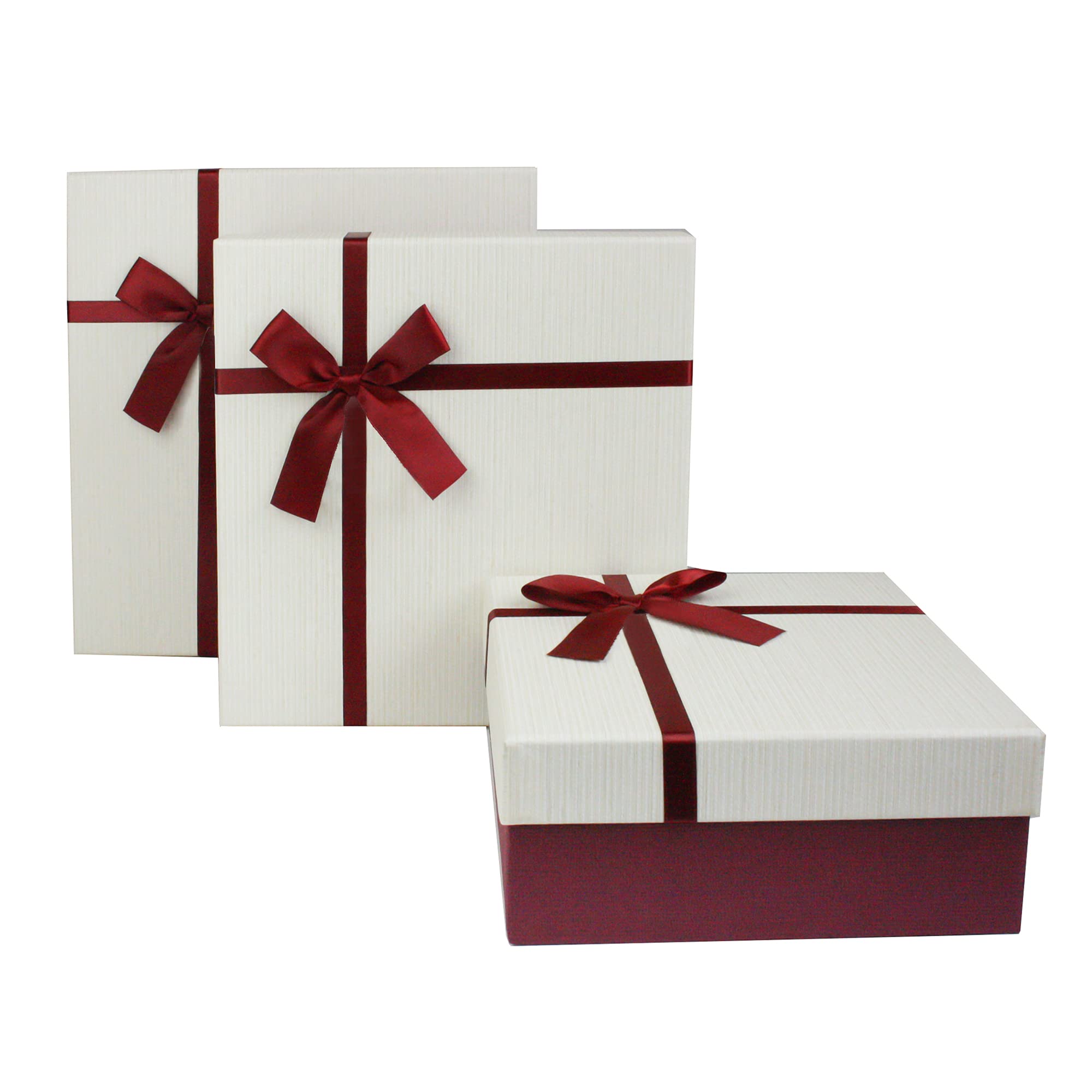 Emartbuy Square Set Of 3 - Burgundy / Cream Burgundy/Cream Rigid Gift Box With Ribbon Set Of 3 – Large, Medium, Small – Luxury Cardboard Presentation Box|Premium Packaging For Hampers, Birthdays, Weddings, Corporate Gifting