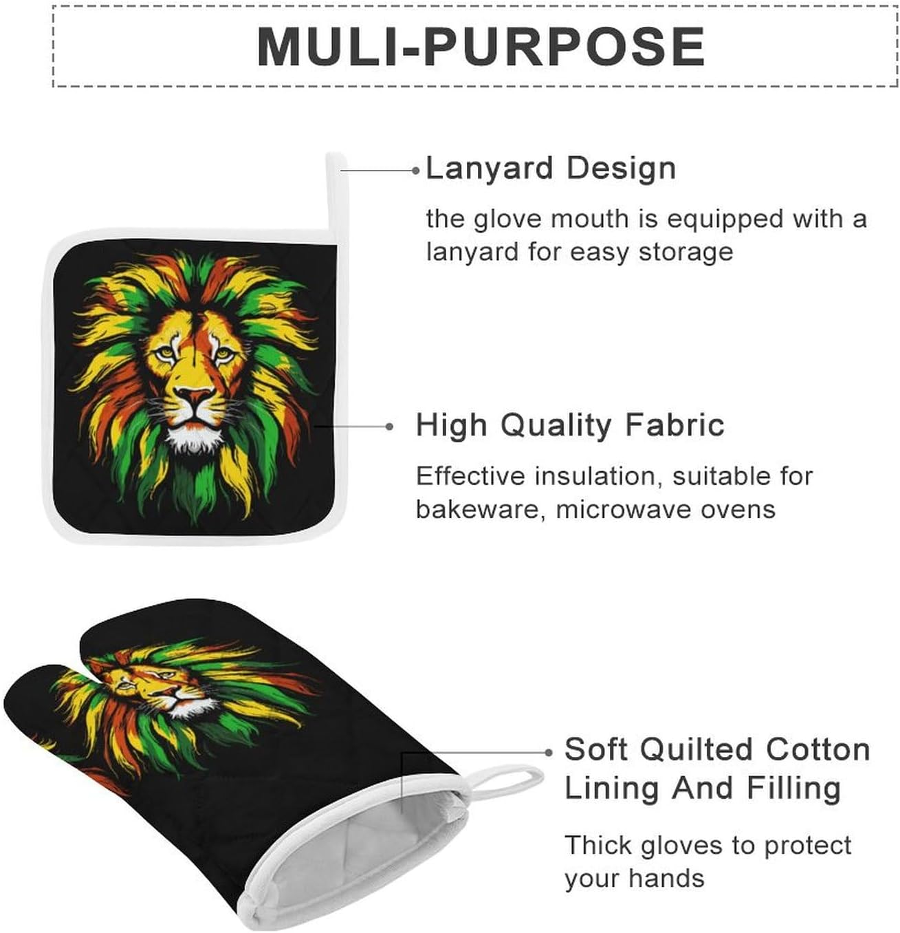 Colorful Lion 4 Pcs Oven Mitts and Pot Holders Set High Heat Resistant Long Kitchen Oven Glove Potholders