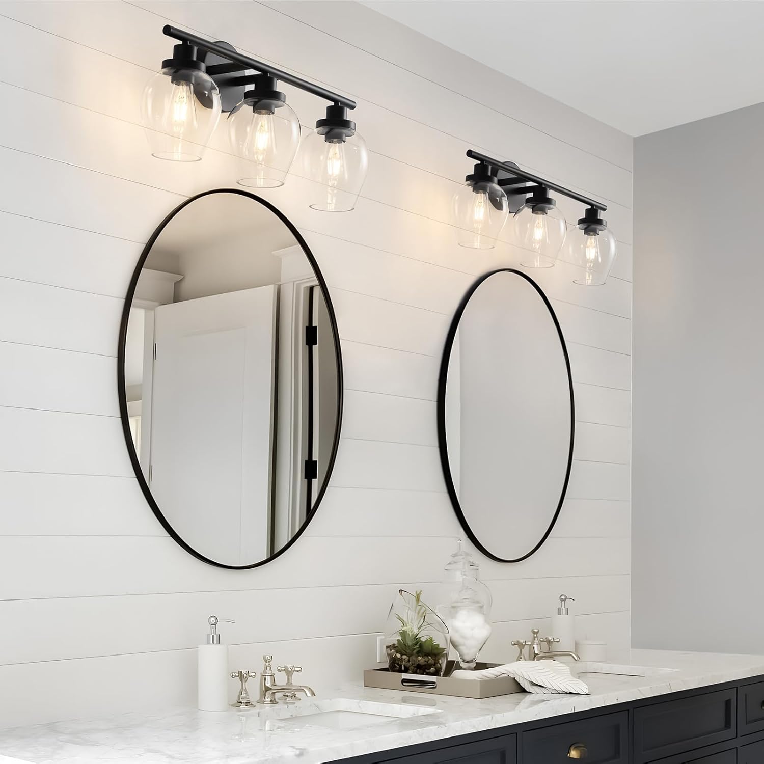 Upgraded Black Bathroom Vanity Light, 25 inch 3-Lights Bathroom Light Fixtures Over Mirror with Clear Glass Shade Wall Sconce Lighting for Living Room Hallway Bedroom Porch(Exclude E26 Bulb)