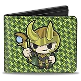 Buckle-Down Men's Marvel Comics Wallet, Bifold, Kawaii Standing Pose Text and Icon Monogram Greens, Vegan Leather, Thor Loki, 4.0' x 3.5'