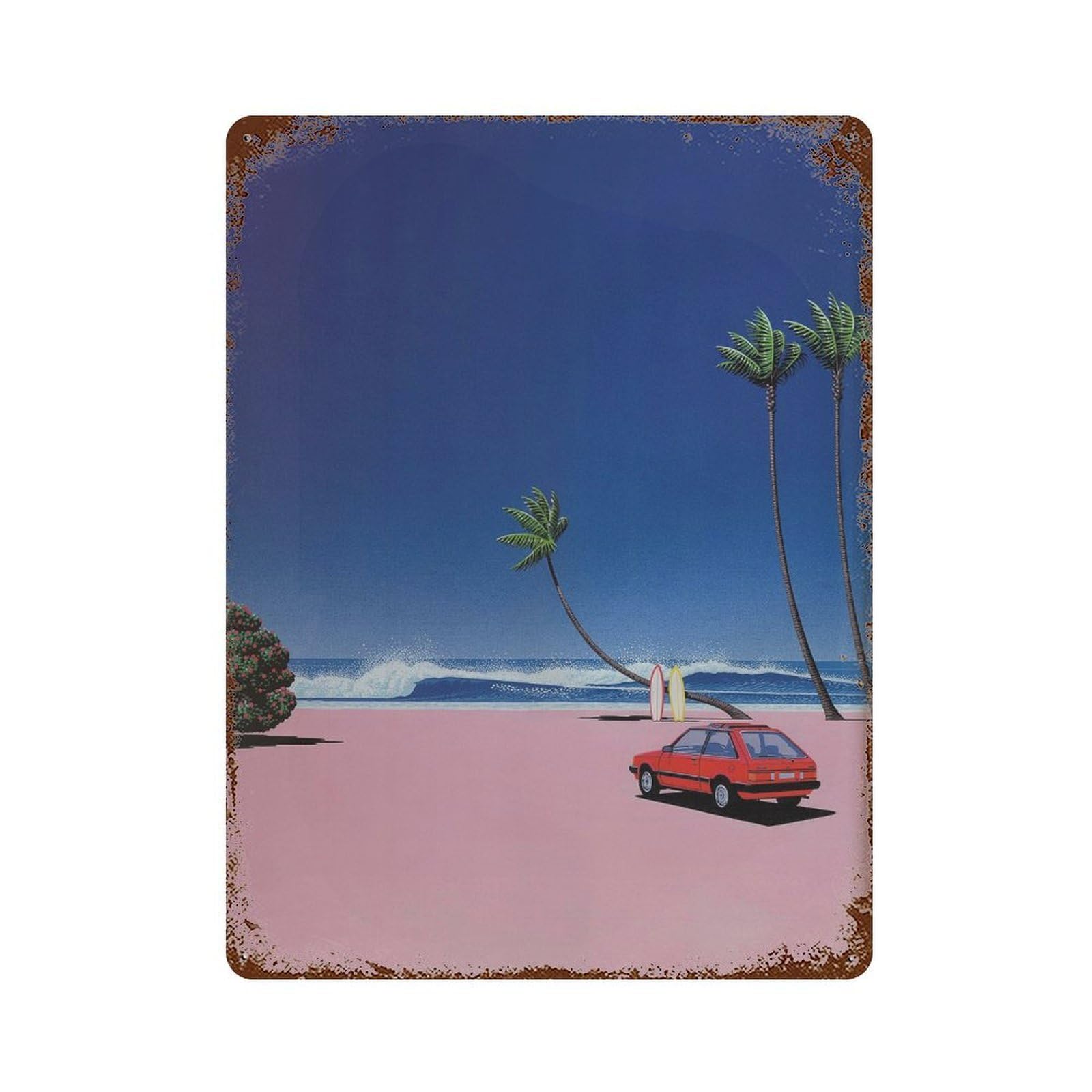 xiaoxiaoshen Retro Red Car And Surfboards. Hiroshi Nagai Japanese City Pop Wall Decor Art Metal Tin Poster Modern Home Decor Art Home Bar Shop Decorations Vintage Sign 40x30cm