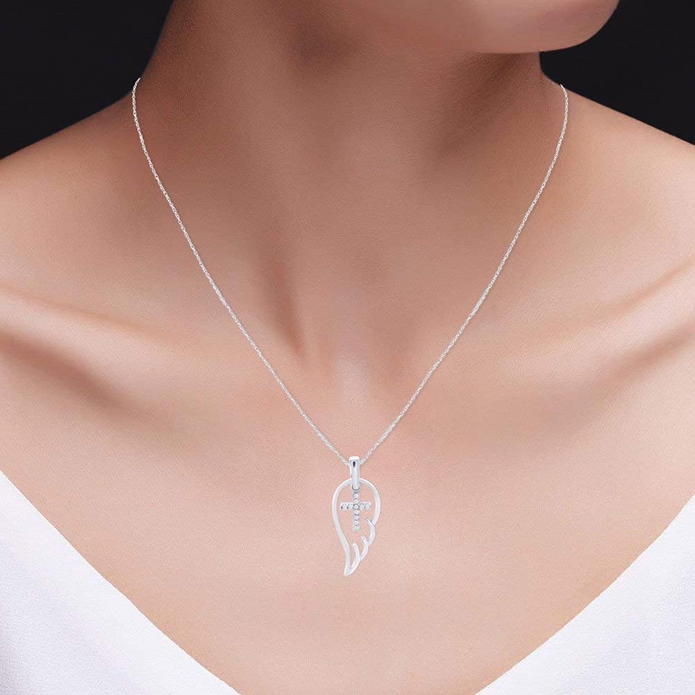 AFFY Round Cut White Diamond Cross Angel Wing Pendant Necklace in 14K Gold Over Sterling Silver