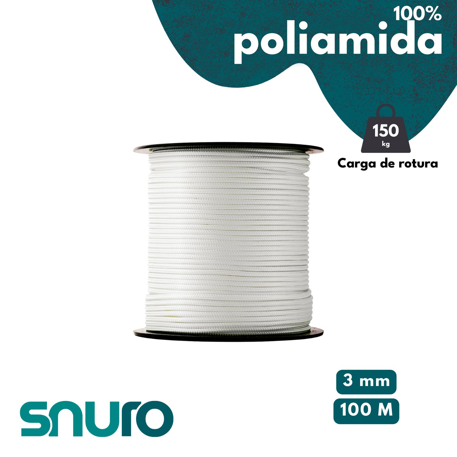 Cuerda de nailon (3 mm, 100 m, color blanco) – Cuerda fina de Paracord de poliamida trenzada robusta, resistente al desgaste y fuerte, fuerza de rotura 170 kg