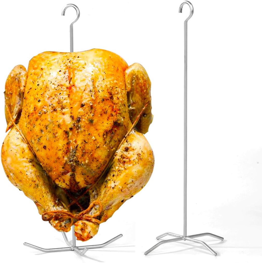 Reyhoar Poultry Hanger, BBQ Super Skewers, Turkey Holder, Pit Barrel Bronco Cooker Accessories, Vertical Grill Rack for Oklahoma Joe Smoke Whole Chicken/Turkey, 2-Set with 2 skewers 2 Bases, Silver