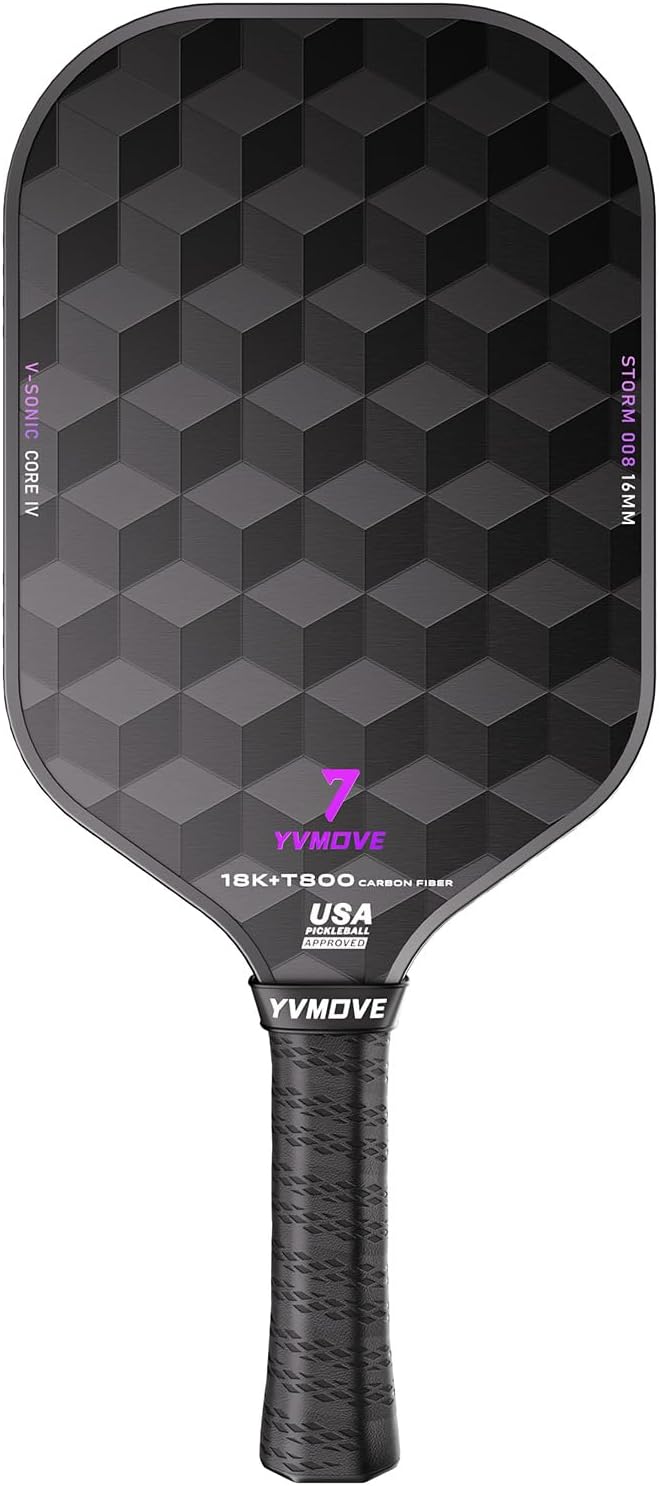 T800 Carbon Fiber Pickleball Paddle with 16mm V-Sonic IV Dynamic Core, Premium Pickle Ball Racket with Enhanced Control & Ultimate Spin, USAPA Approved, Storm 008 T800+3D-18K Carbon Fiber(Black)