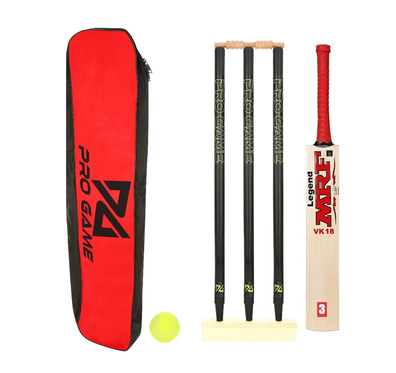 Pro Game MRF Cricket Kit - 1 Bat 3 Wickets 2 Bails 1 Base 1 Ball & 1 Kit Bag (Size 3 for 6-8Yr) (B0CH4TYTDD) Amazon Price History, Amazon Price Tracker