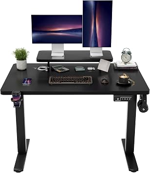 Shahoo Electric Standing Desk with Monitor Shelf, 47 x 24 Inches Height Adjustable Corner Table, Computer Workstation with Cup Holder and Hook for Home Office, Black, 47x24 Inch