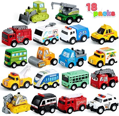JOYIN 18 Piece Pull Back City Cars and Trucks Toy Vehicles Set Model Car, Friction Powered Die-Cast Cars for Toddlers, Boys, and Girls’ Educational Play, Easter Basket Stuffers Egg Fillers