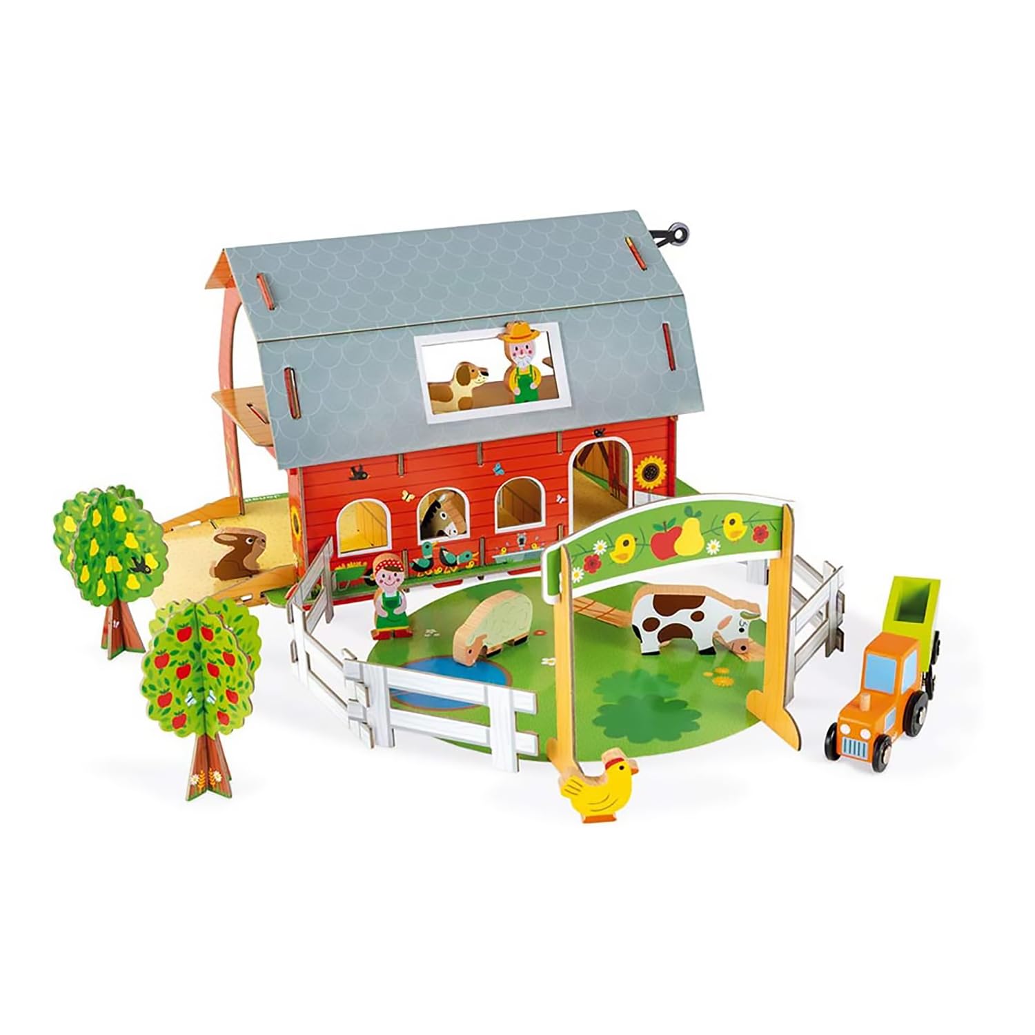 Janod - Granja de Animales Story - 10 Figuritas de Madera Animales, Personajes y Vehículos- Juguete de Imaginación - Compatible con Los Raíles Existentes En el Mercado - Desde 3 Años, J08577