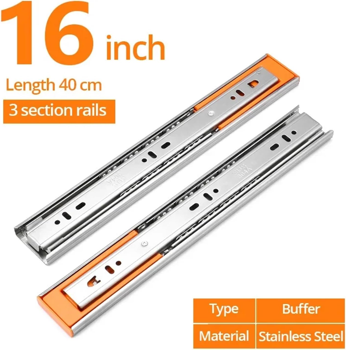 Stainless Steel Drawer Slides Soft Close Track Rail Sliding Three-Section Cabinet Furniture Hardware(Buffer 16inch 40cm)