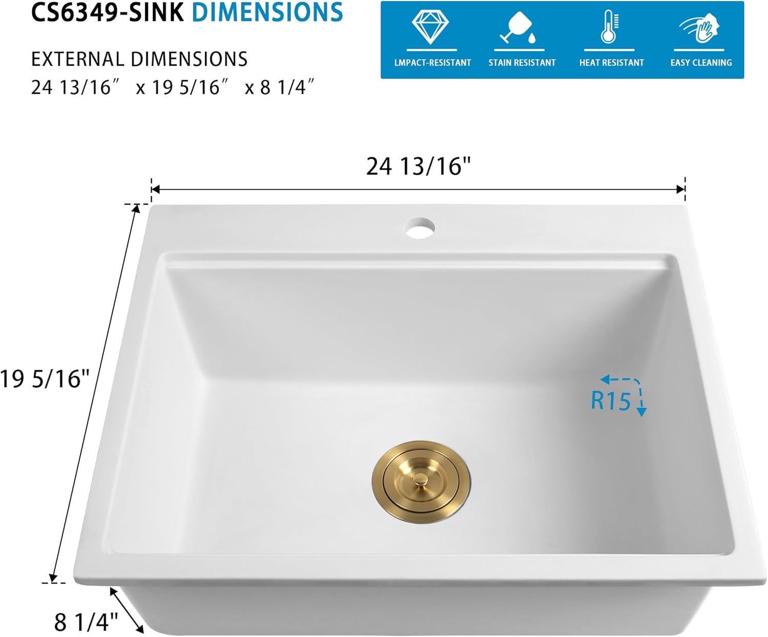 White Drop in Kitchen Sink 25 Inch - Undermount Granite Quartz Composite Workstation Sink - Deep Single Bowl,Dual Mount,with Accessories (White, 24.81" X 19.29")
