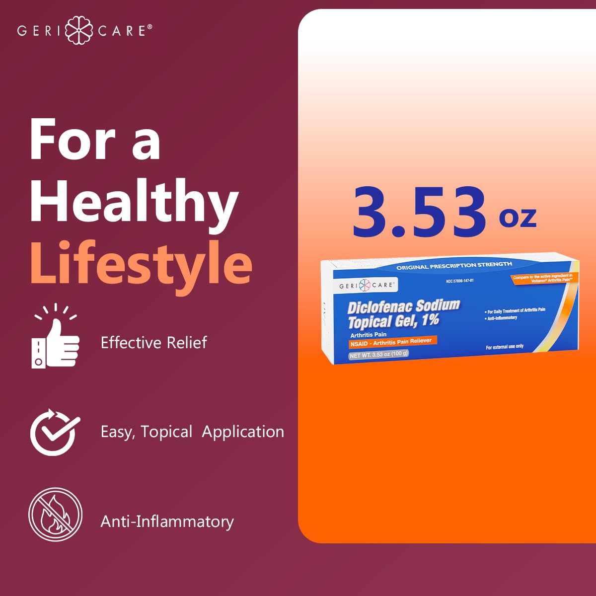 GeriCare Topical Arthritis Pain Relief Gel Diclofenac Sodium 1% (NSAID) Hand Wrist Elbow Foot Ankle Knee Extra-Strength Pain Reliever- Anti-inflammatory Arthritis Pain Treatment, 3.53oz (2 Pack)