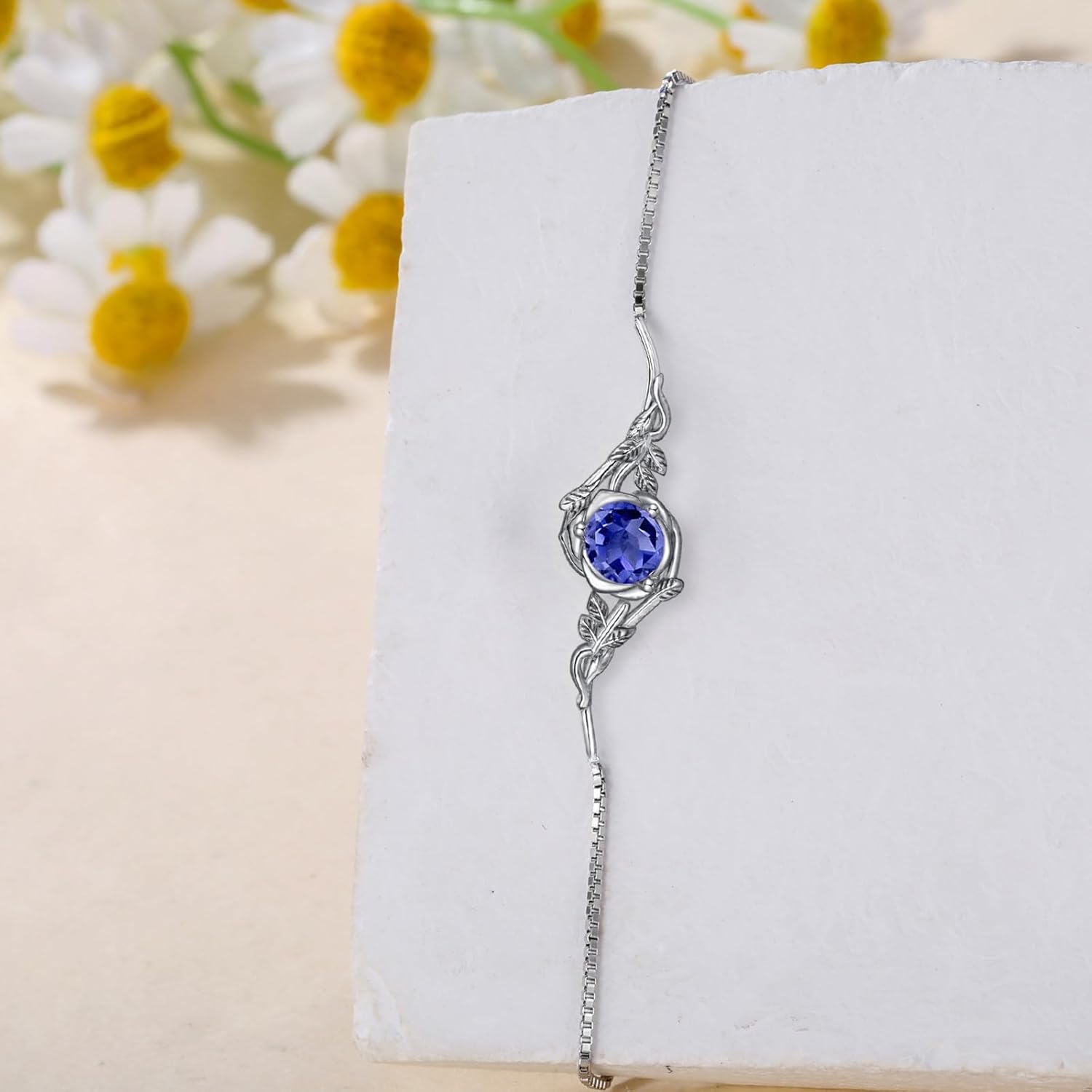 Vintage Rose with Round Birthstone Box Chain Bracelet 925 Sterling Silver Retro Gemstone Adjustable Bracelet for Birthday Women - Image 5