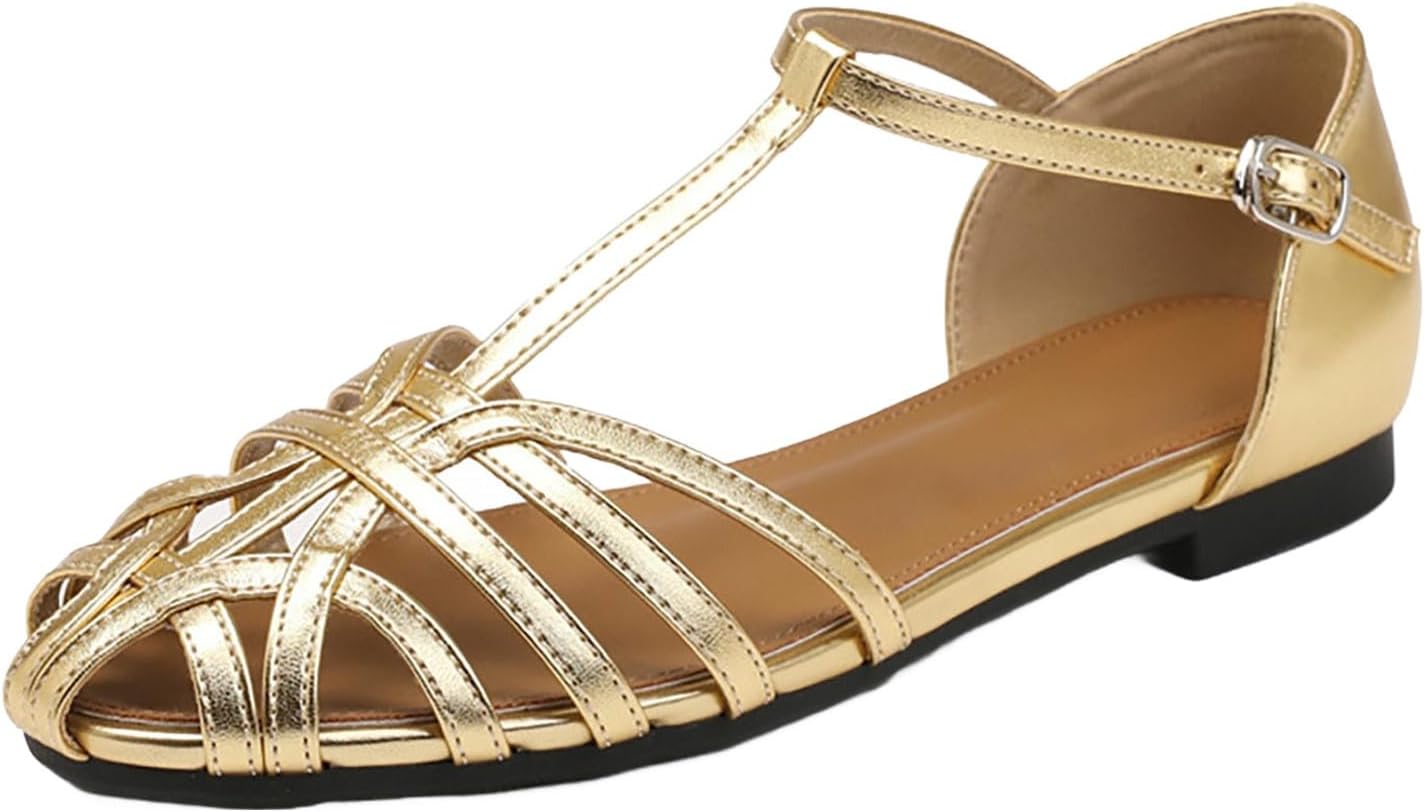 Women's Closed Toe Flat Sandals Caged T Strap Comfortable Adjustable Buckle Hollow out Roman Fisherman Gladiator Sandal Vintage Casual Beach Sandals Ladies Footwear UK 3.5-8