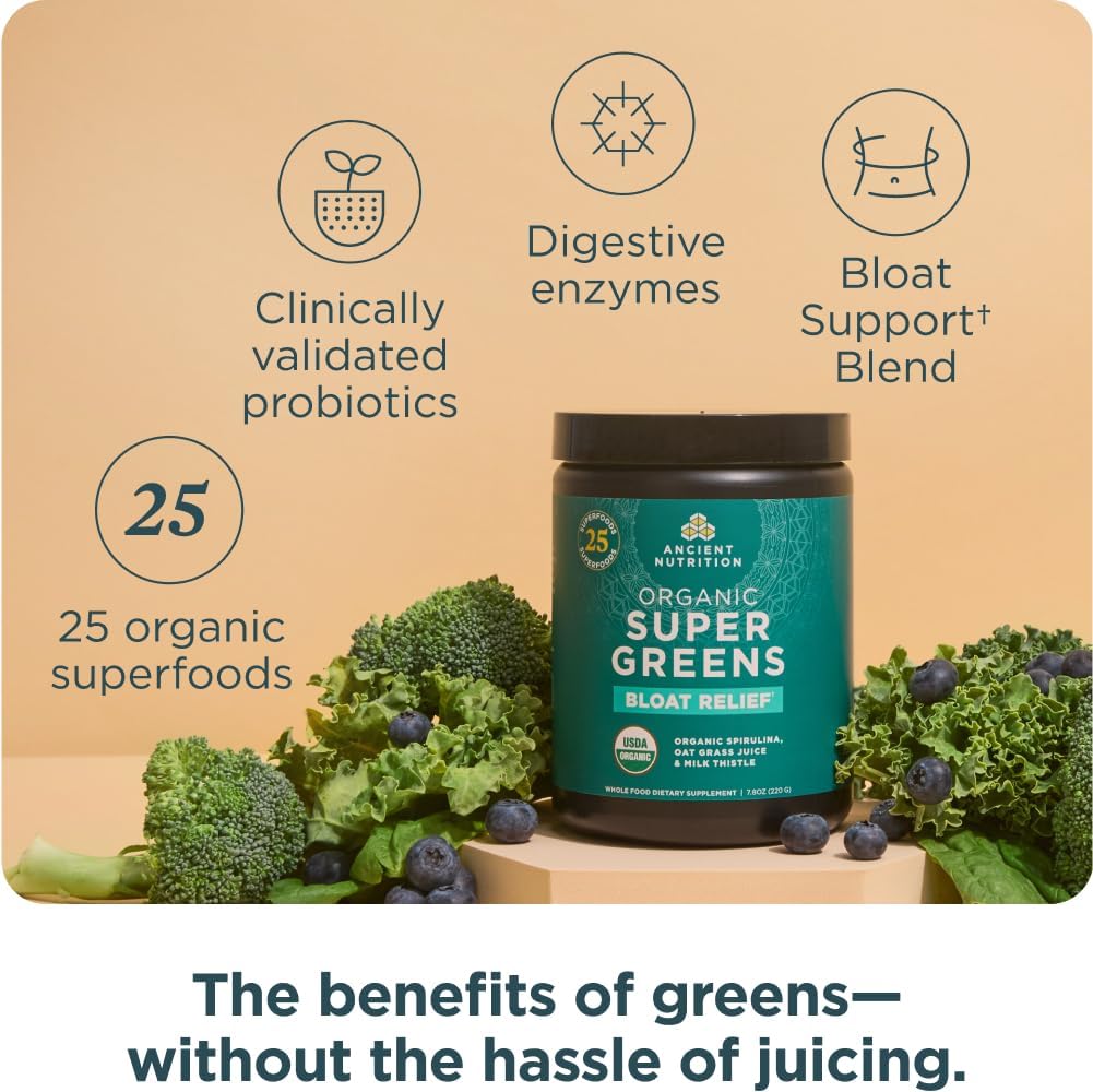 Ancient Nutrition Organic SuperGreens Bloat Relief, Digestive Enzymes, Prebiotic Fiber & Probiotics, Supports Bloat Relief & Digestive Health, 25 Superfoods, 25 Servings - Image 3