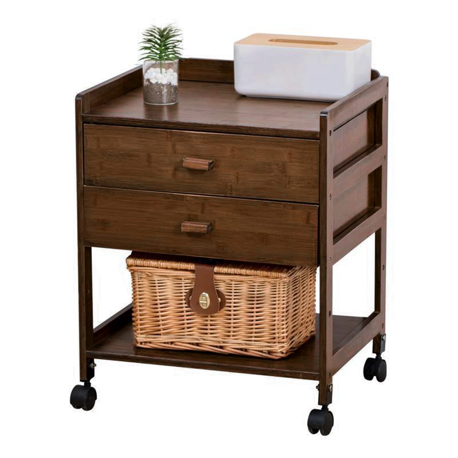 tonchean Nightstand End Table Industrial Square Side Table with 2 Drawers Rustic Brown Bedside Table with Wooden Open Shelf and Sturdy 4 Wheels for Storage Living Room Bedroom Office Closet