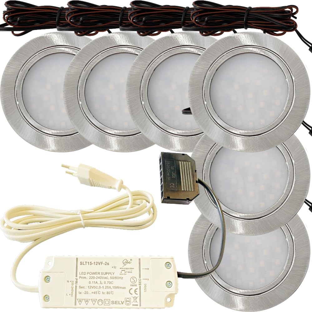 LED Möbel Einbauspots 12V 2,4W – 6er Set Edelstahl-Optik | inkl. Plug-&-Play Trafo, AMP-Verteiler & 230V Zuleitung mit Netzstecker | Neutralweiß 4000K – ultraflach für Schrank, Möbel, Regal & Vitrine