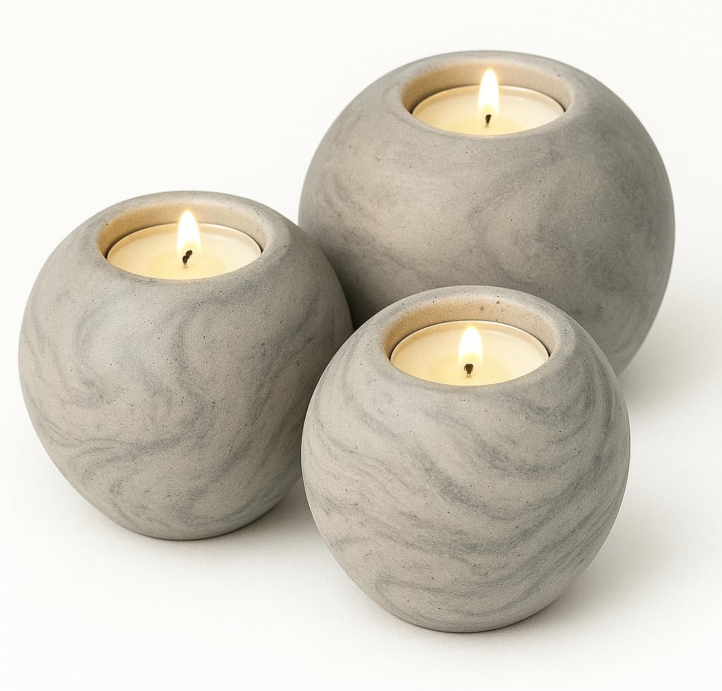 Concrete Sphere Tea Light Holder - Minimalist Centerpiece - Candle Holder - Modern Interior Design (Charcoal, Set of 3 Sizes)