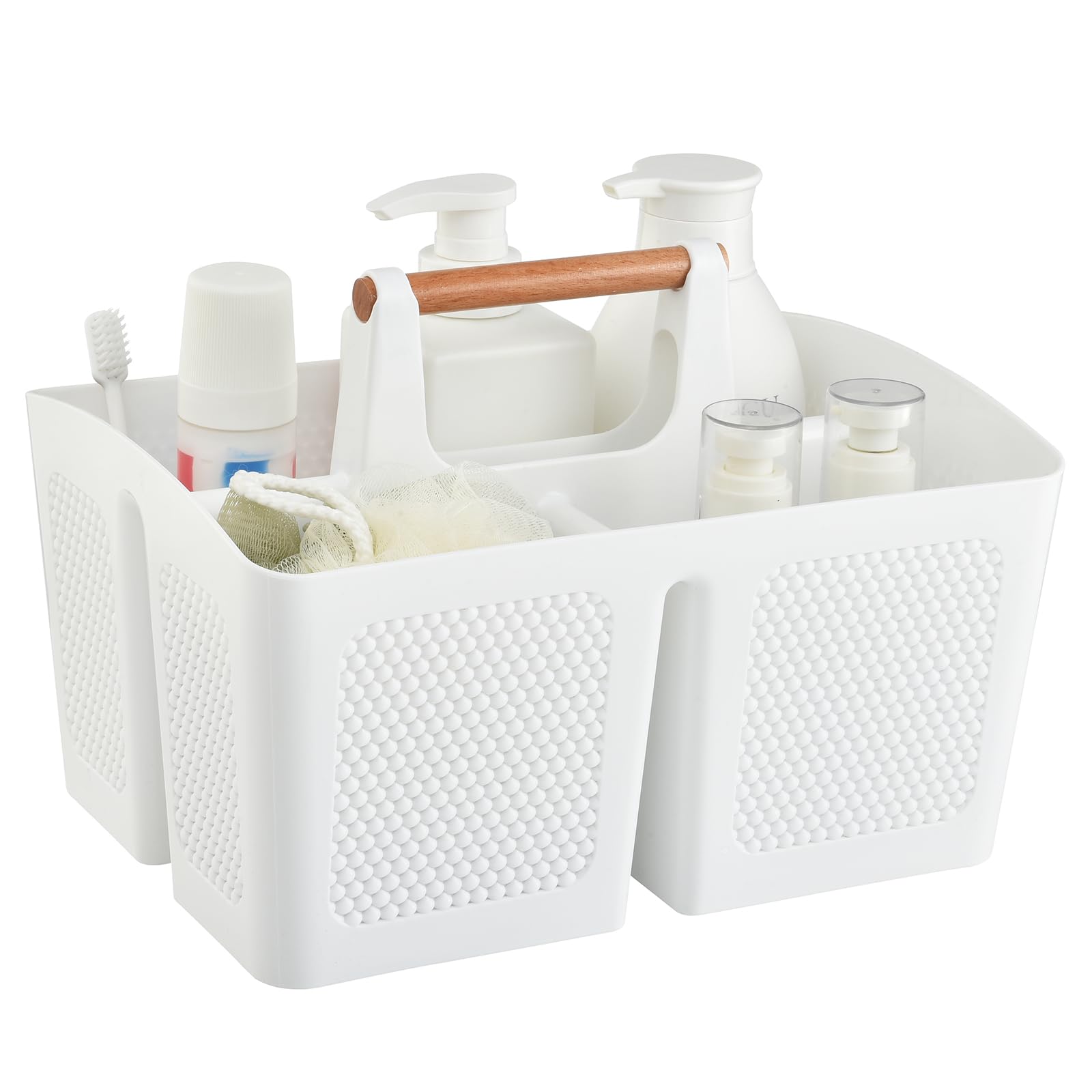 Haundry Plastic White Shower Caddy Basket with 3 Compartments Portable Divided Bathroom Cleaning Caddy Organizer Storage Tote with