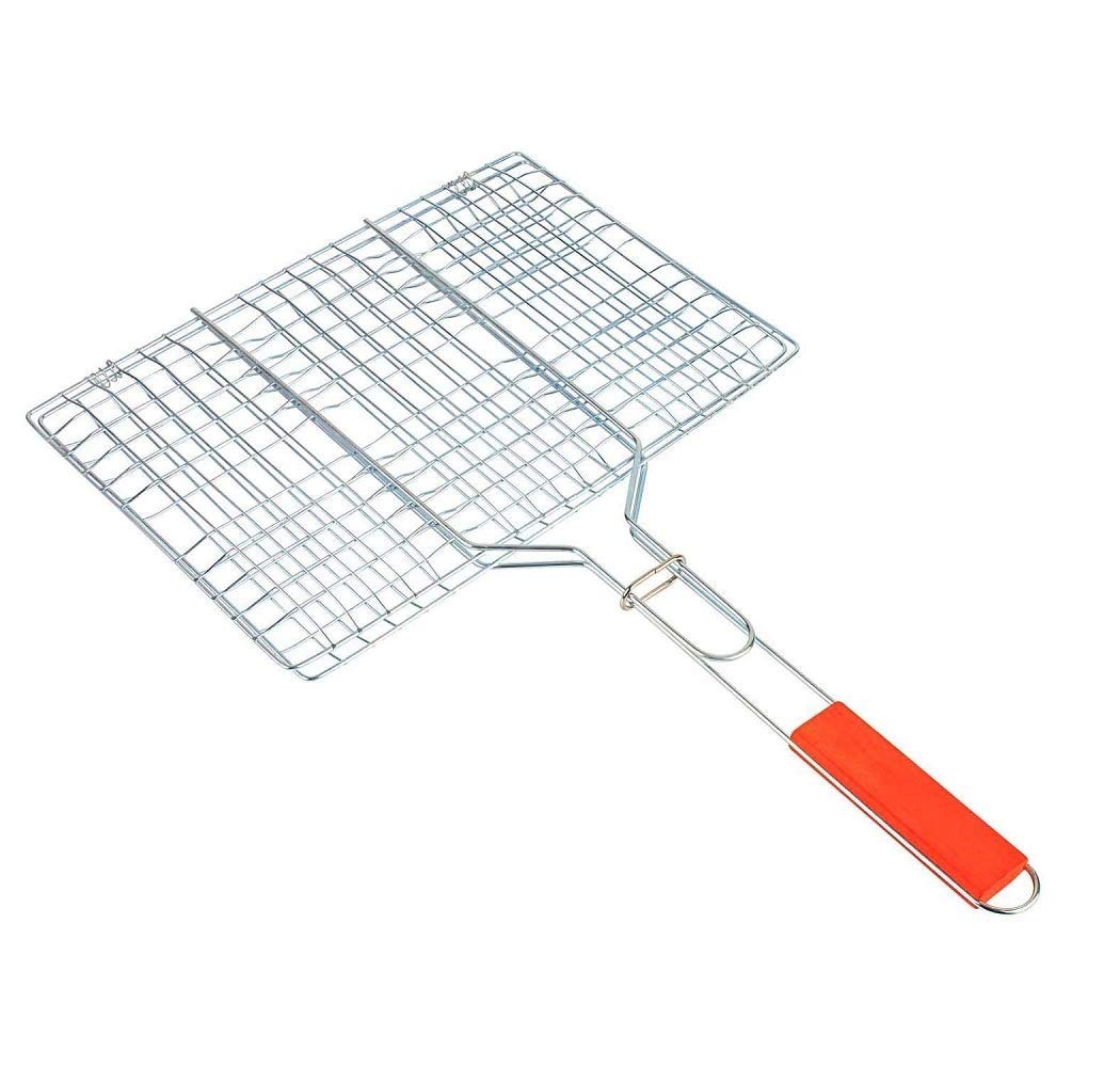 CHARITRA ENTERPRISE Stainless Steel BBQ Square Charcoal Roast Grill Net Basket with Wooden Handle for Indoor Outdoor